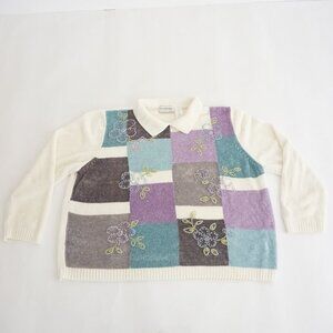 Vintage Alfred Dunner Cream Patchwork Floral Embroidered Collar Knit Sweater 2x